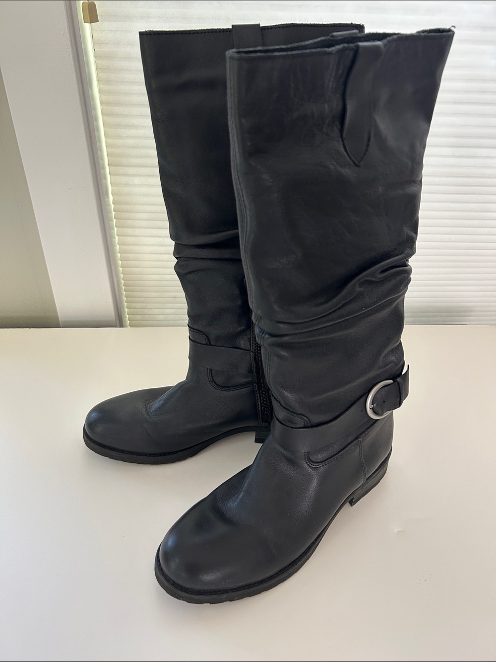 Umberto Raffini Black Mid-Calf Leather Riding Boots with Buckle